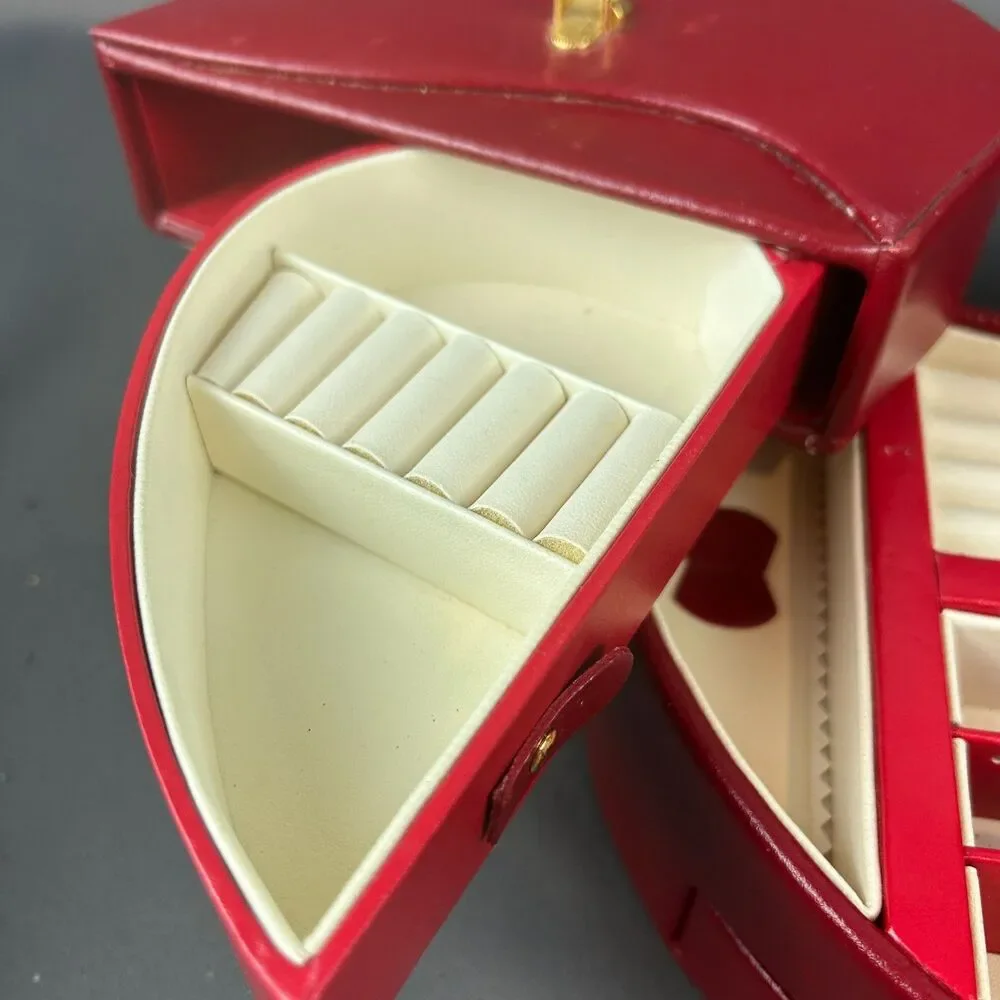 Vintage Wolf Designs Red Leather Heart Shape Jewelry Box Swing Out Design